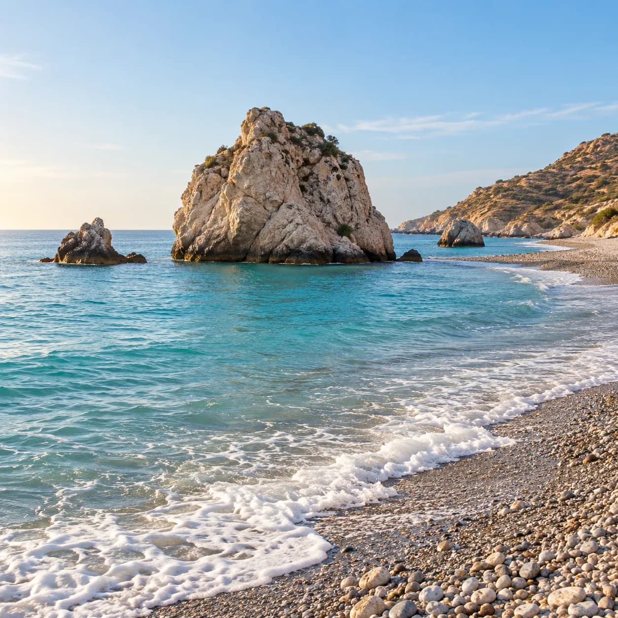 Світлі прибережні скелі та гальковий пляж у блакитній воді.