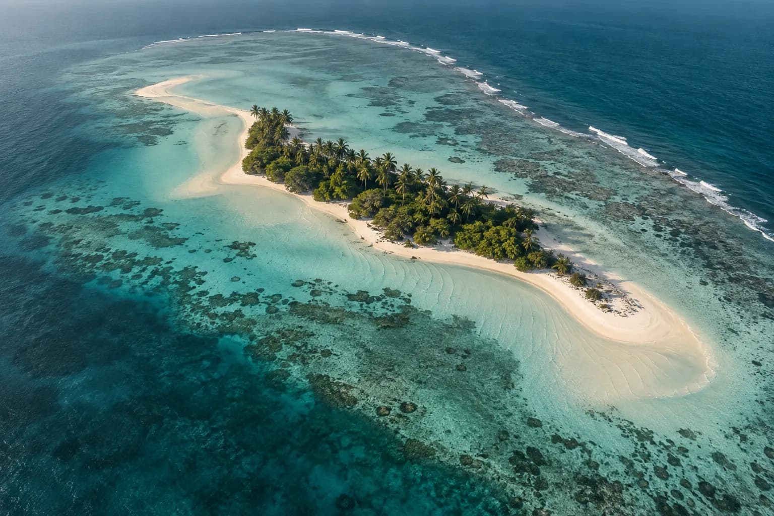 An aerial view of a palm-covered island surrounded by a pale lagoon and coral reef.