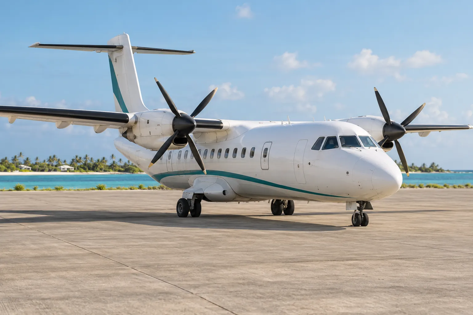 A small turboprop aircraft on an apron beside a tropical lagoon.