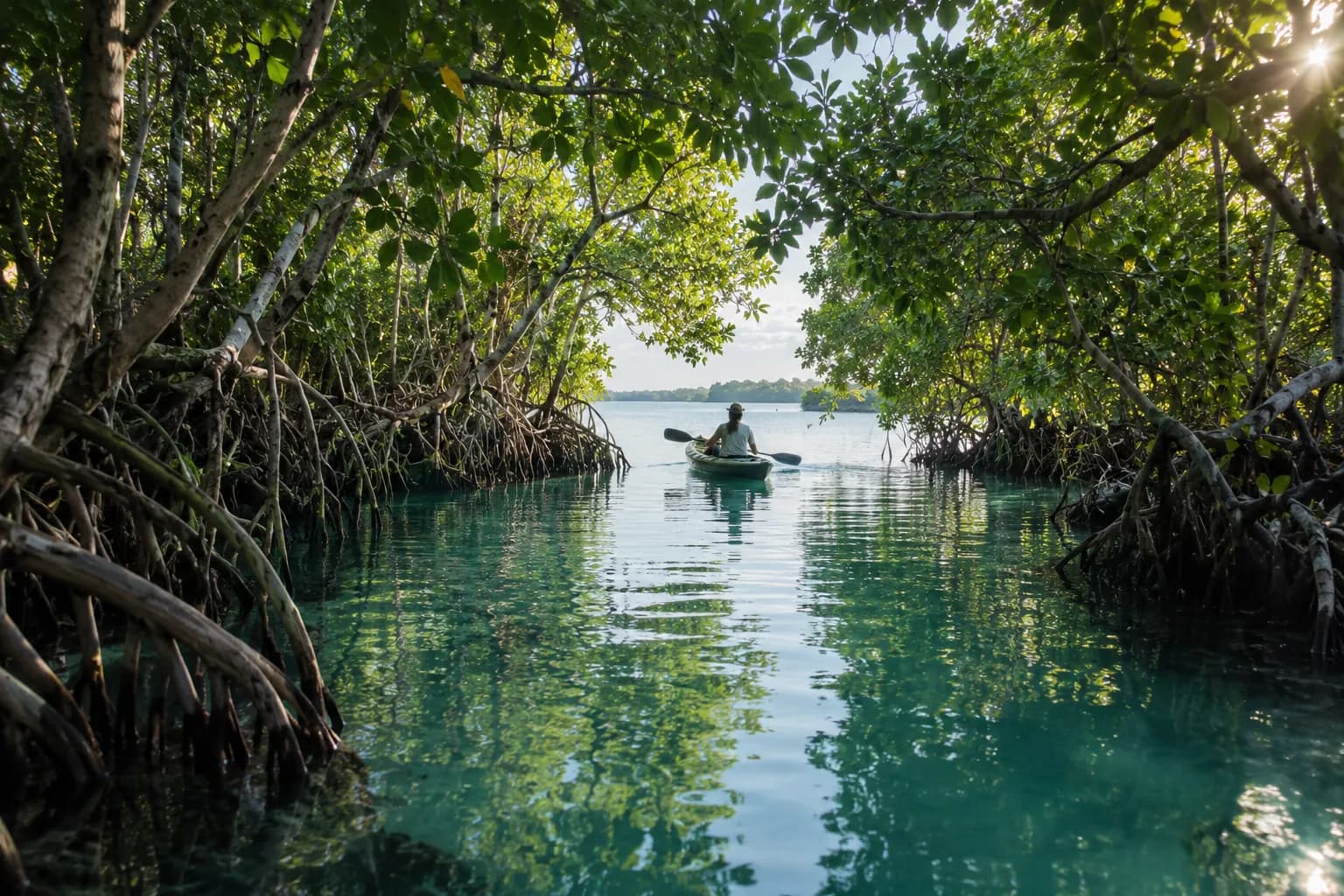 A kayaker among mangrove roots above calm water.