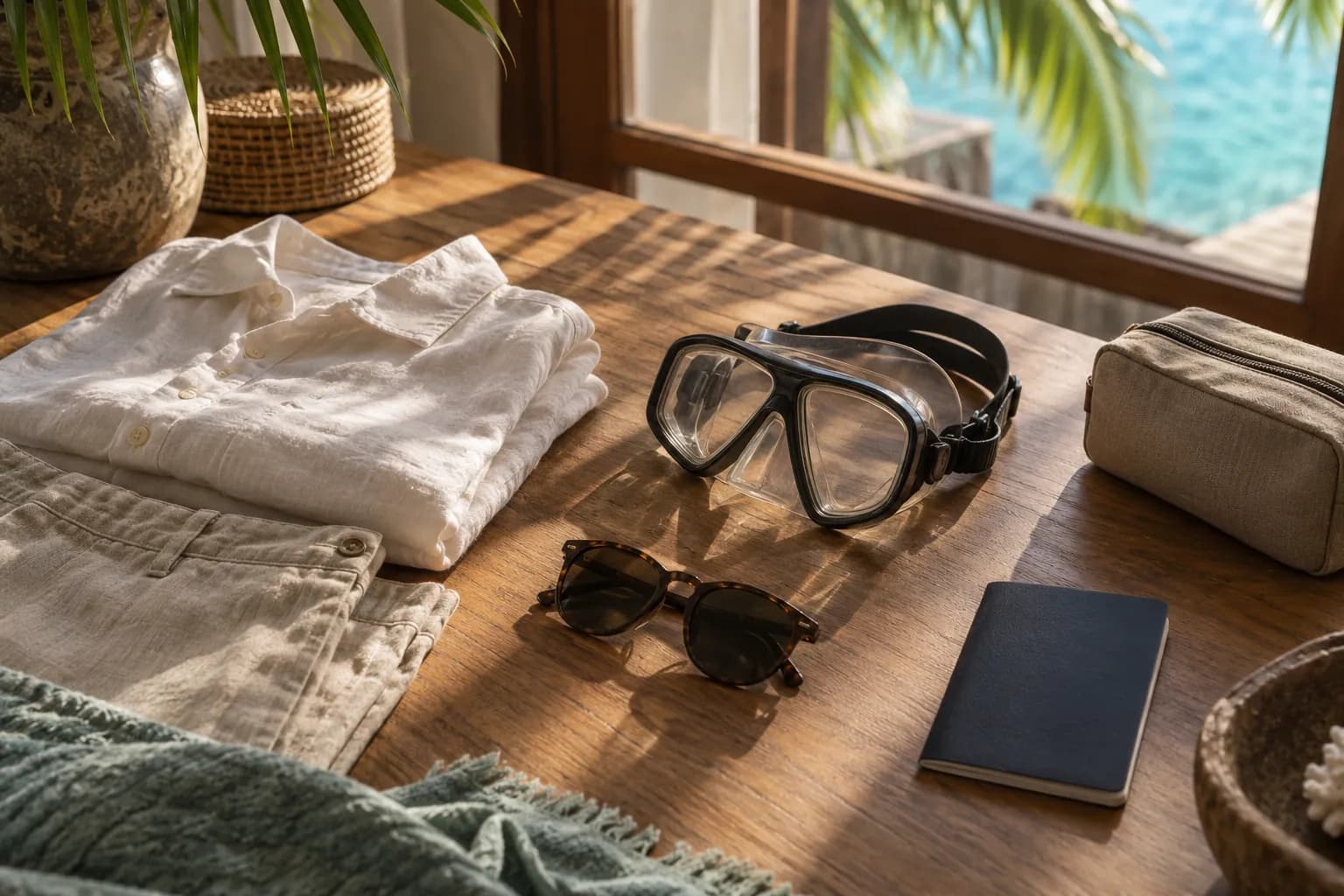 Linen clothing, a snorkelling mask and travel essentials on a wooden table in morning light.