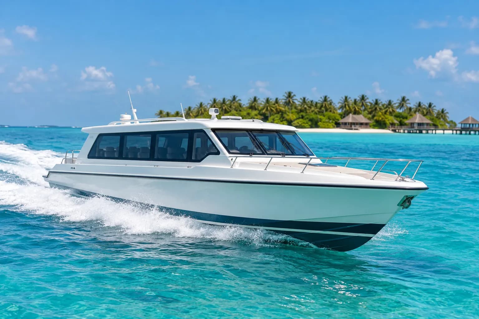A passenger speedboat with an enclosed cabin cruising through a tropical lagoon.