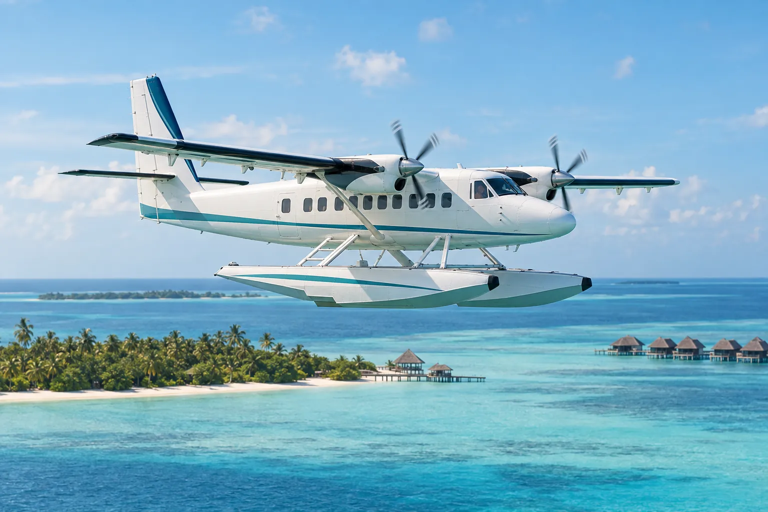 A twin-engine seaplane flying above a tropical lagoon.