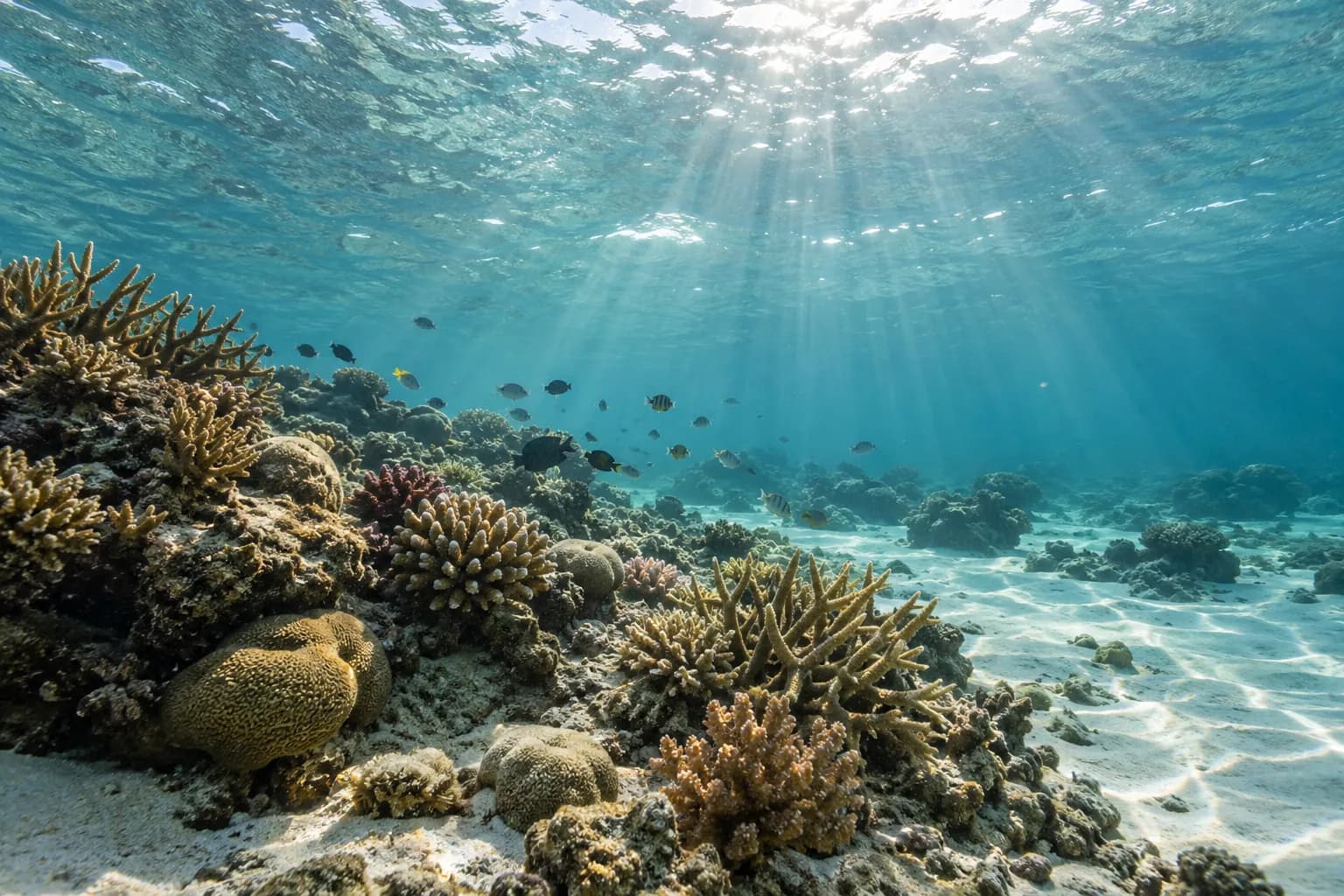 Coral and tropical fish beneath sunbeams in clear water.