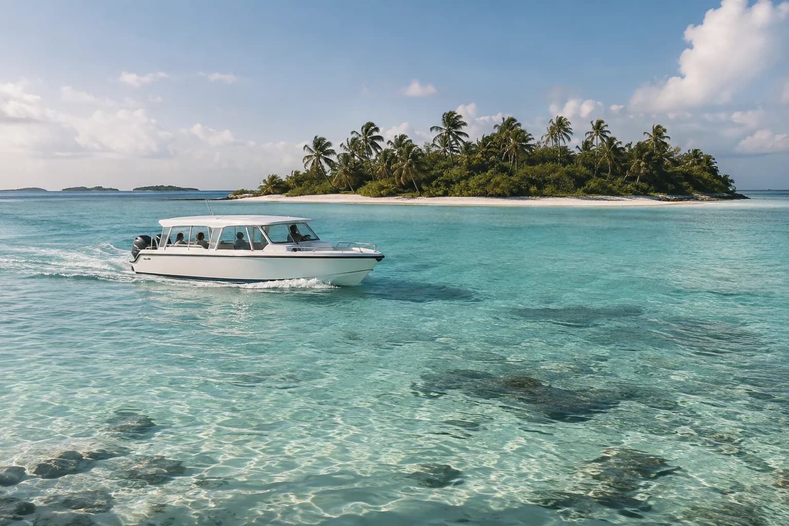 A small transfer boat in a clear lagoon beside a palm-covered island.